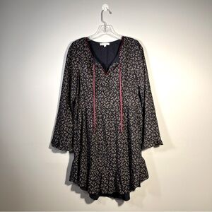 Hem & Thread Longsleeve Tunic Dress Boho Blue Gold Floral Red Velvet Tie M